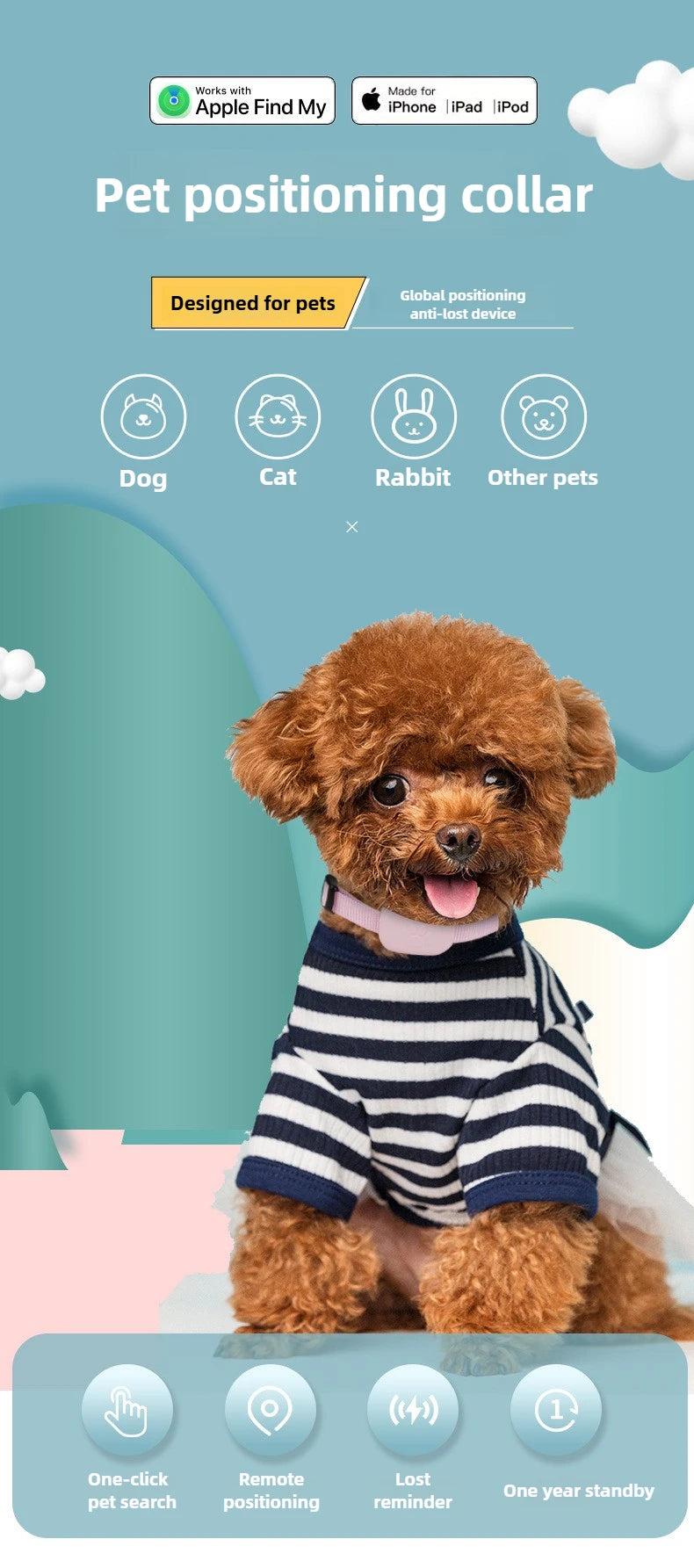 Remote Pet GPS Tracker Real-Time Waterproof Movement Alert Collar Anti-Lost Global Locator for Dogs And Cats Compatible with Apple Find APP